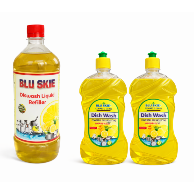 BLU SKIE Dishwash Gel (500ml and 1 Ltr Combo Pack) for Superb Utensil Cleaning Pack of 3 (2 LTR)